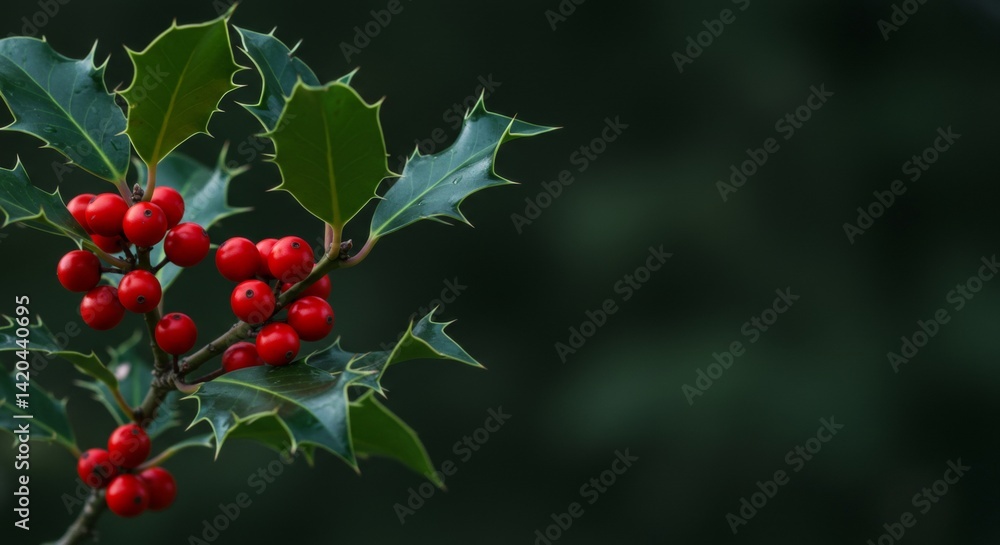Obraz premium Festive holly berries and foliage against a dark, atmospheric background