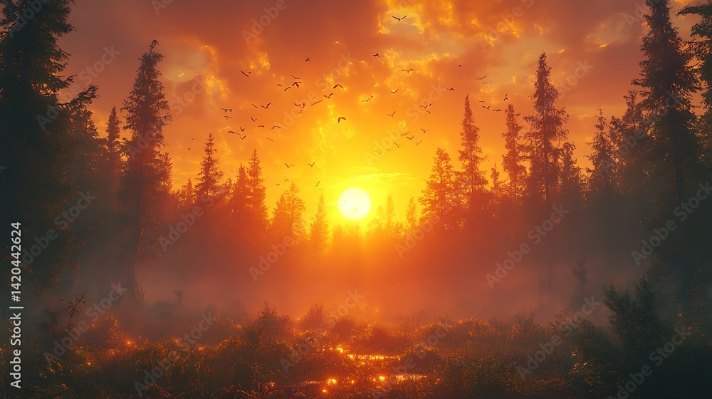 Naklejka premium Golden Sunset Over Forest With Birds Flying And Misty Ground Photo