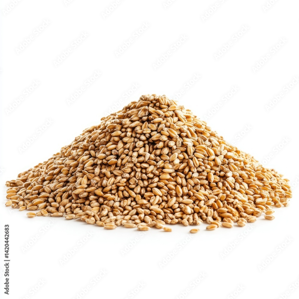 A mound of wheat kernels isolated on a white background in close up view A mound of wheat kernels isolated on a white background in close up view