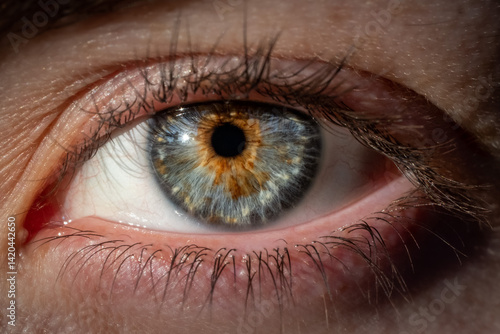 Beautiful female eye in close-up with light green iris details and soft brown in center