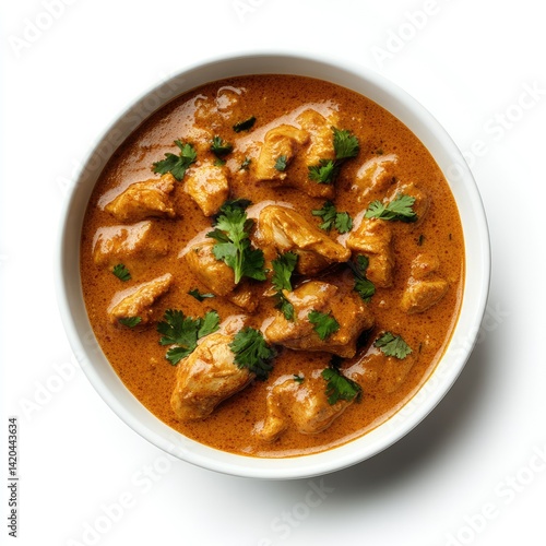 Overhead view of chicken tikka masala in a white bowl garnished with fresh cilantro sprigs on white background