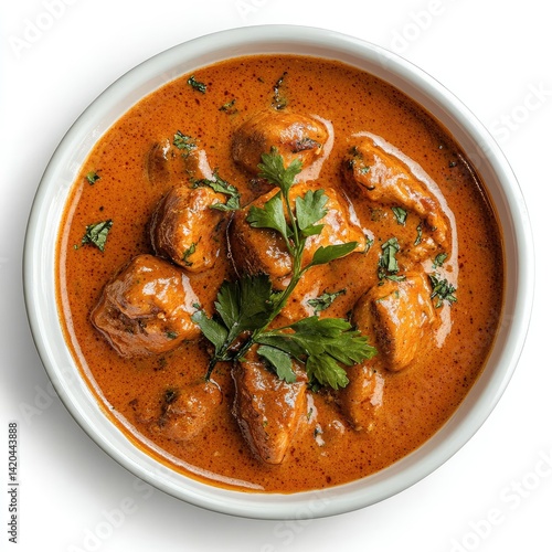 Overhead shot of a bowl of chicken tikka masala with cilantro garnish on a white background