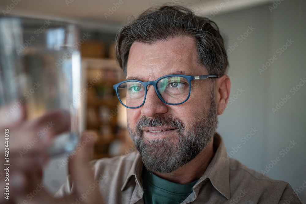 Smiling senior man holding and observing glass of water at home Smiling senior man holding and observing glass of water at home