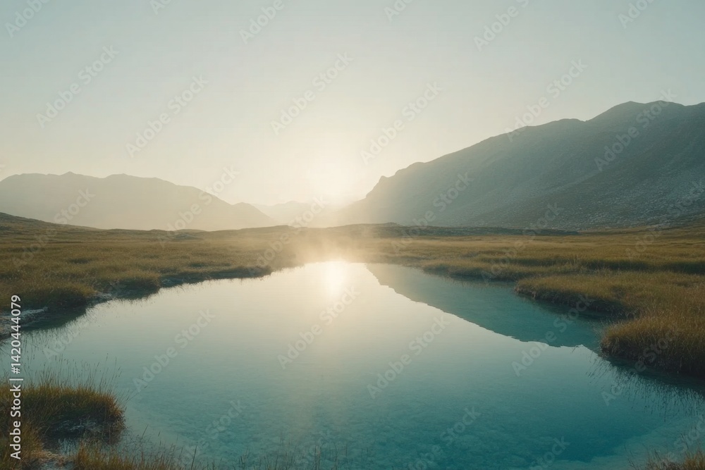 Fototapeta premium Serene mountain sunrise over tranquil alpine lake. Misty morning light reflects on still water, surrounded by grassy meadows and distant peaks