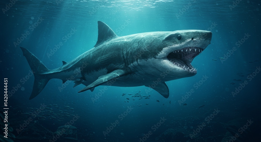 Great White Shark Lurking in Ominous Depths with Piercing Sunlight Rays Great White Shark Lurking in Ominous Depths with Piercing Sunlight Rays