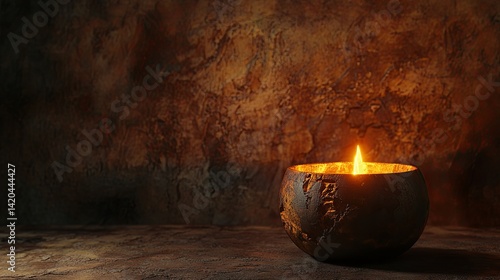 Burning candle in a rustic bowl against a textured ochre wall backdrop