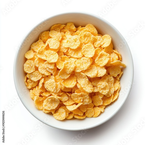 A top down view of a white bowl filled with yellow corn flakes on a white background in bright light