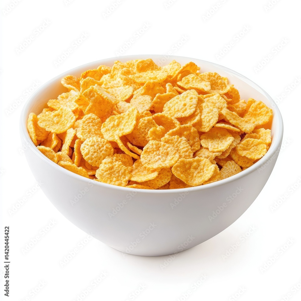 A white bowl filled to the brim with golden yellow corn flakes cereal on a white background studio shot A white bowl filled to the brim with golden yellow corn flakes cereal on a white background studio shot