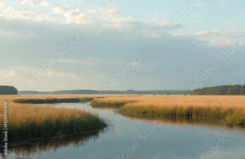 Danish Lille Vildmose nature reserve landscape. Summer eco scenery, blue sky, calm river. Green trees on horizon, grass, reeds, wild wetland, reflection. Scandinavia nature. Peaceful, tranquil eco