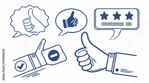 Set of 40 positive feedback icons featuring hand signs, thumbs up, like buttons, and approval gestures, in a clean and modern blue/white vector style."