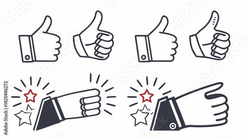Create 50 vector icons representing thumbs-up gestures, like buttons, approval signs, and positive feedback symbols in a clean, flat illustration style.