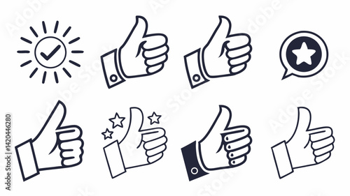 Create 50 vector icons representing thumbs-up gestures, like buttons, approval signs, and positive feedback symbols in a clean, flat illustration style.