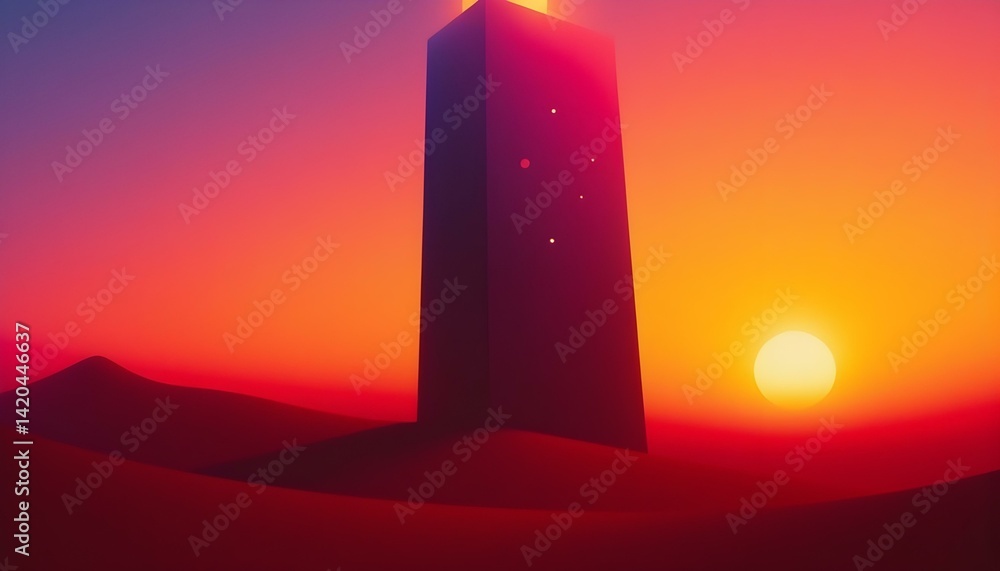 Majestic Abstract Sunset with Monolith in a Vast Desert Landscape Majestic Abstract Sunset with Monolith in a Vast Desert Landscape