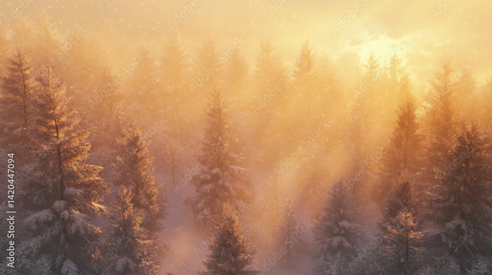 Snow-covered pine forest under a soft golden light Snow-covered pine forest under a soft golden light