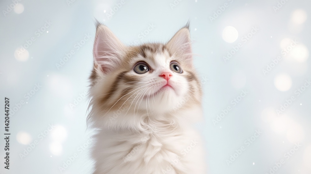 A curious kitten looking up with wide eyes, soft fur and delicate features, light bokeh background, serene and dreamy atmosphere, and indoor portrait. A curious kitten looking up with wide eyes, soft fur and delicate features, light bokeh background, serene and dreamy atmosphere, and indoor portrait.