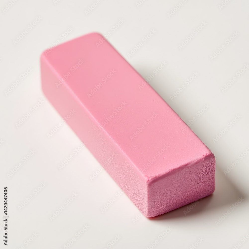 A pink rectangular eraser lying diagonally on a white surface close up A pink rectangular eraser lying diagonally on a white surface close up