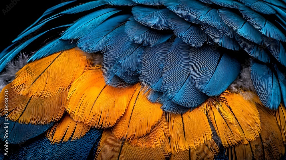 Fototapeta premium Vibrant Blue and Yellow Feathers of a Macaw Bird Close-Up