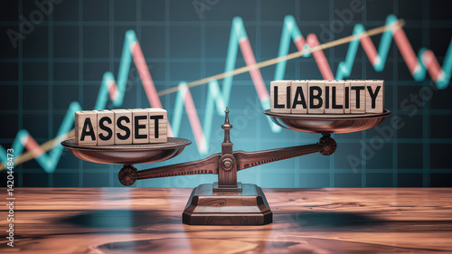 Balance Sheet Dynamics: A visually compelling financial concept depicting the critical balance between asset and liability, set against the backdrop of a fluctuating stock market graph.