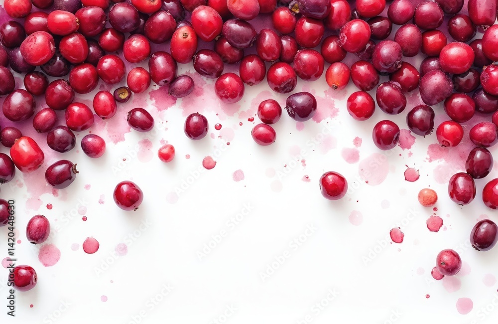 Watercolor illustration cranberries scattered on white background with drops of red juice. Close-up view of ripe red berries. Concept of healthy eating fresh food, natural vitamins, antioxidants.