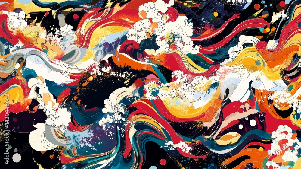 Dynamic interplay of fluid shapes and vibrant hues across a textured canvas