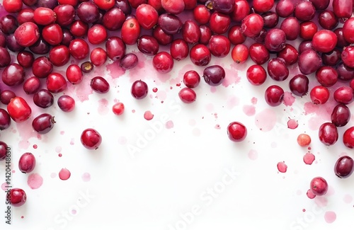 Obraz na płótnie Watercolor illustration cranberries scattered on white background with drops of red juice. Close-up view of ripe red berries. Concept of healthy eating fresh food, natural vitamins, antioxidants. w salonie