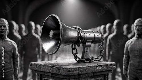 Speak Out: A powerful vintage megaphone, symbolizing the freedom of speech, is dramatically illuminated against a backdrop of shadowy figures.