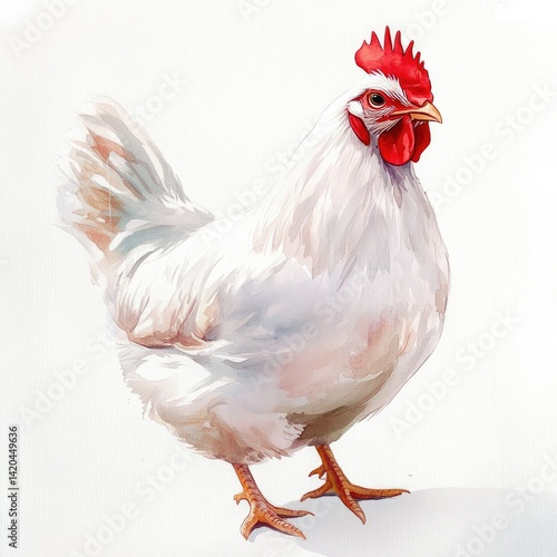 A white chicken with a red comb standing on a white background in a watercolor style illustration