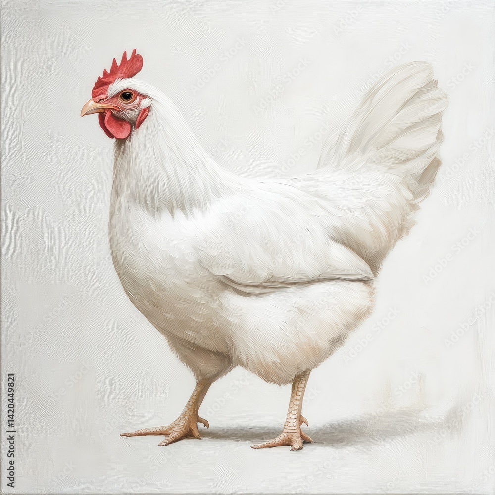 Fototapeta premium A white chicken standing on a white surface with a red comb and wattle in a studio setting image