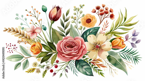 Watercolor floral clipart for wedding invitations, vintage decor, greeting. Botanical hand-painted floral leaves, wildflowers, autumn nature illustration for decor, website, wedding card