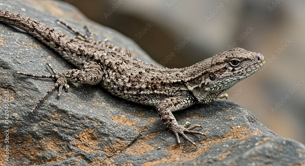 Naklejka premium European wall lizard resting on a rock displaying intricate skin details