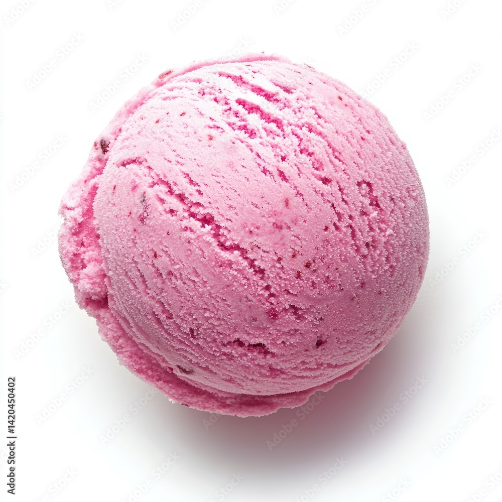 A single scoop of pink ice cream on a plain white background surface A single scoop of pink ice cream on a plain white background surface