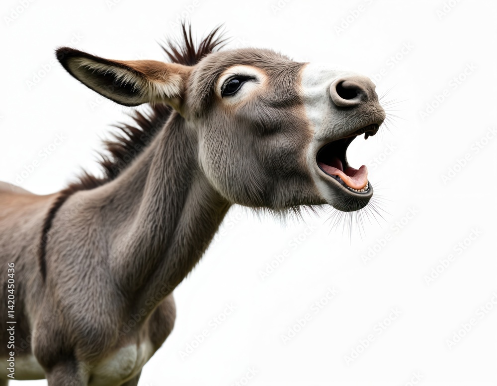 Donkey portrait on white background. Funny farm animal screams with open mouth. Smiling animal with teeth. Rural mammal mule head isolated on white background. Cartoon animal. Funny face expression.