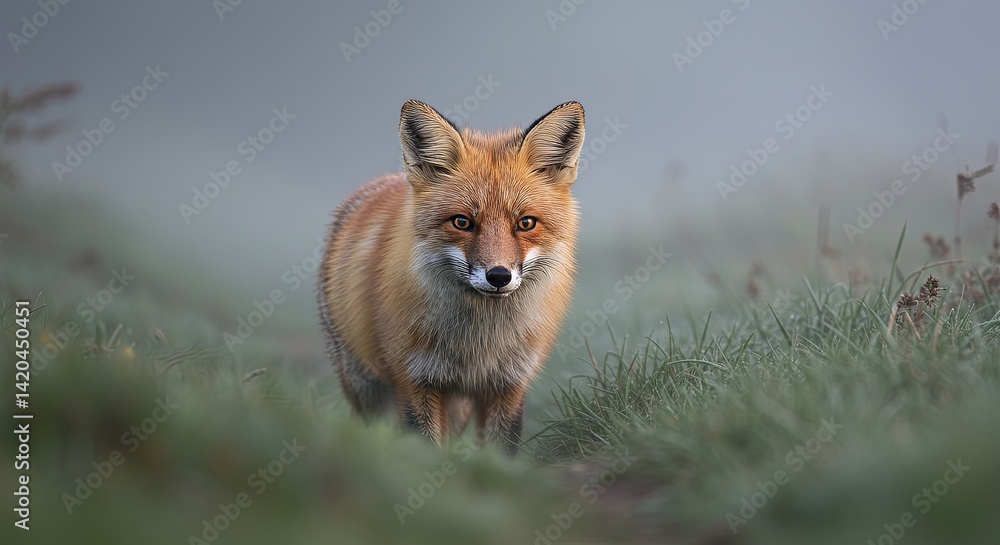 Fototapeta premium Enchanting red fox peers through the ethereal mist in grassy meadow