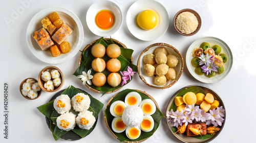 Assorted traditional desserts on banana leaves vibrant colors diverse textures exotic floral garnish tropical theme