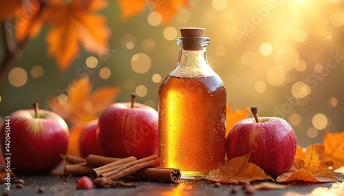 Glass bottle apple cider vinegar with fresh red apples cinnamon sticks, autumn leaves, bokeh light. Healthy natural organic drink ingredient for cooking, baking. Fall harvest season.