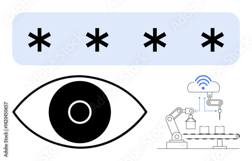 Eye icon, password masking with asterisks, robotic arm lifting objects, cloud connection. Ideal for AI, security, industry 4.0, IoT automation biometrics simple landing page