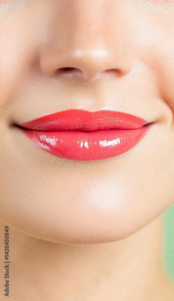 Fototapeta premium Perfectly Glossy Lips with a Subtle Smile and Smooth Skin Texture