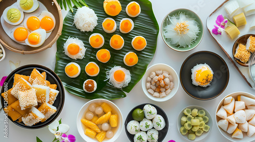 Assorted Thai desserts, vibrant yellow and white, elegantly arranged on green leaves and white plates, tropical theme.