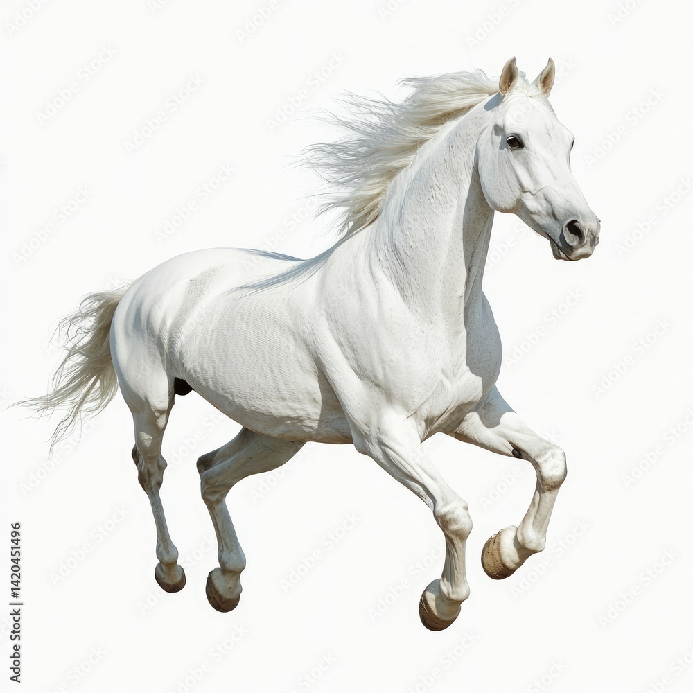 A majestic white horse galloping gracefully with its mane flowing in the wind on a white background A majestic white horse galloping gracefully with its mane flowing in the wind on a white background