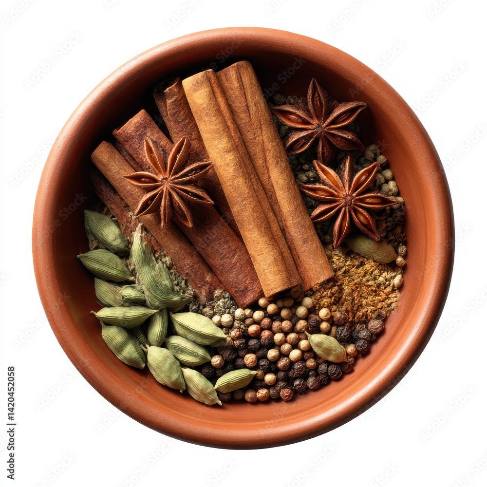 A close-up shot of a spice blend in a terracotta bowl, isolated on a white background A close-up shot of a spice blend in a terracotta bowl, isolated on a white background