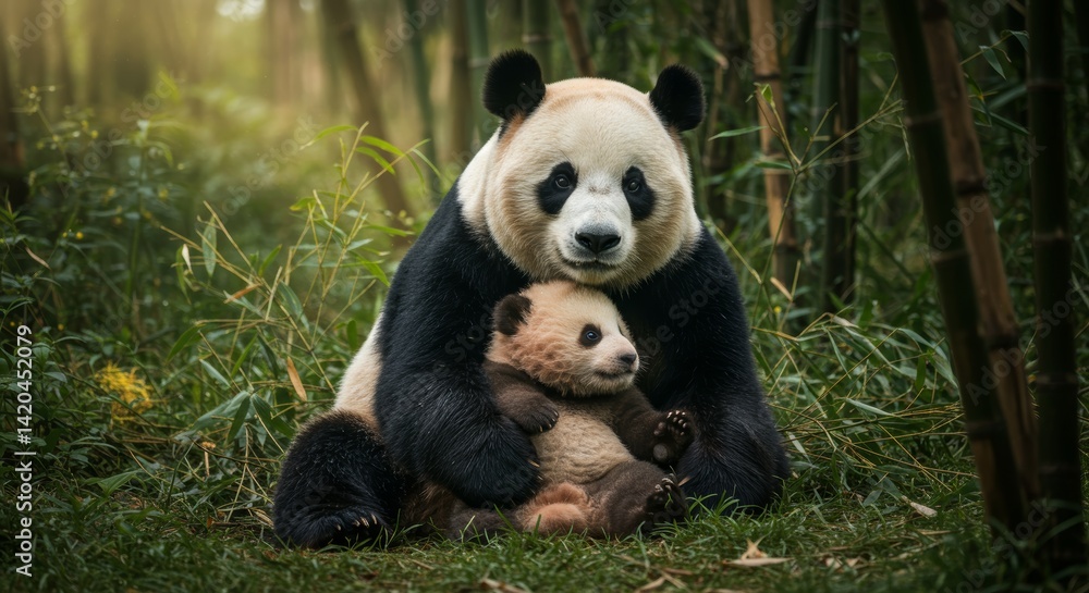 Gentle Giant Panda Mother Protecting Her Adorable Cub in the Forest Gentle Giant Panda Mother Protecting Her Adorable Cub in the Forest
