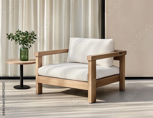 Modern outdoor armchair with light-colored cushions