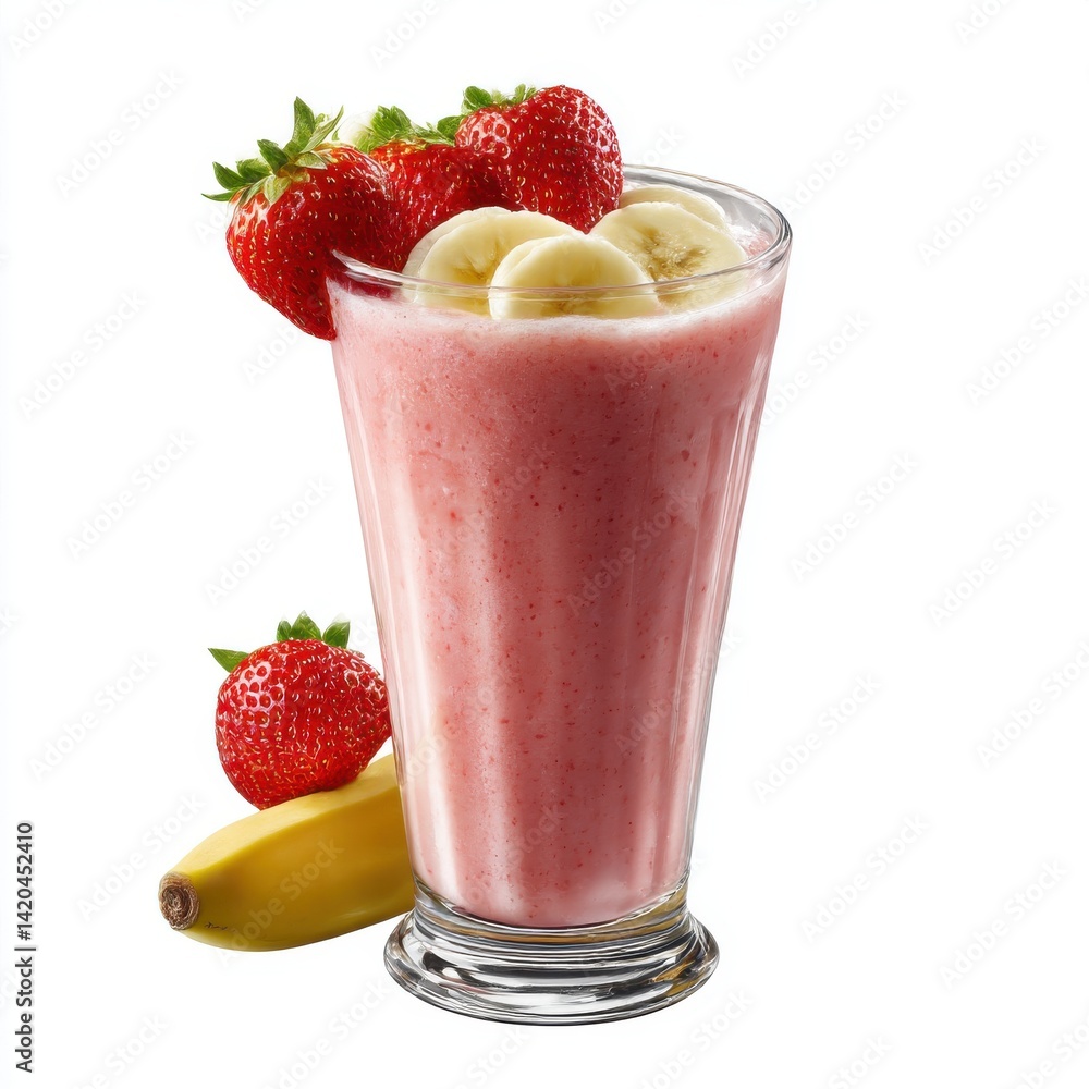 A delicious and healthy strawberry banana smoothie, presented in a glass and isolated on a white background A delicious and healthy strawberry banana smoothie, presented in a glass and isolated on a white background
