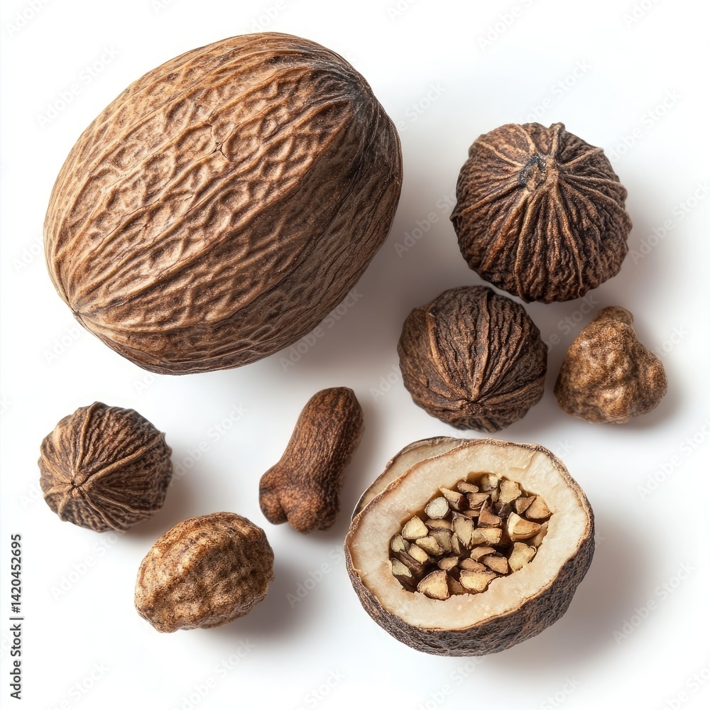 Close up shot of several nutmegs and mace on a plain white background Close up shot of several nutmegs and mace on a plain white background