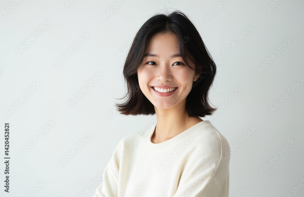 Portrait of beautiful young asian woman smiling on white background. Happy, cheerful face expression. Korean, japanese beauty with short black hair. Positive emotions. Perfect white teeth. Headshot. Portrait of beautiful young asian woman smiling on white background. Happy, cheerful face expression. Korean, japanese beauty with short black hair. Positive emotions. Perfect white teeth. Headshot.