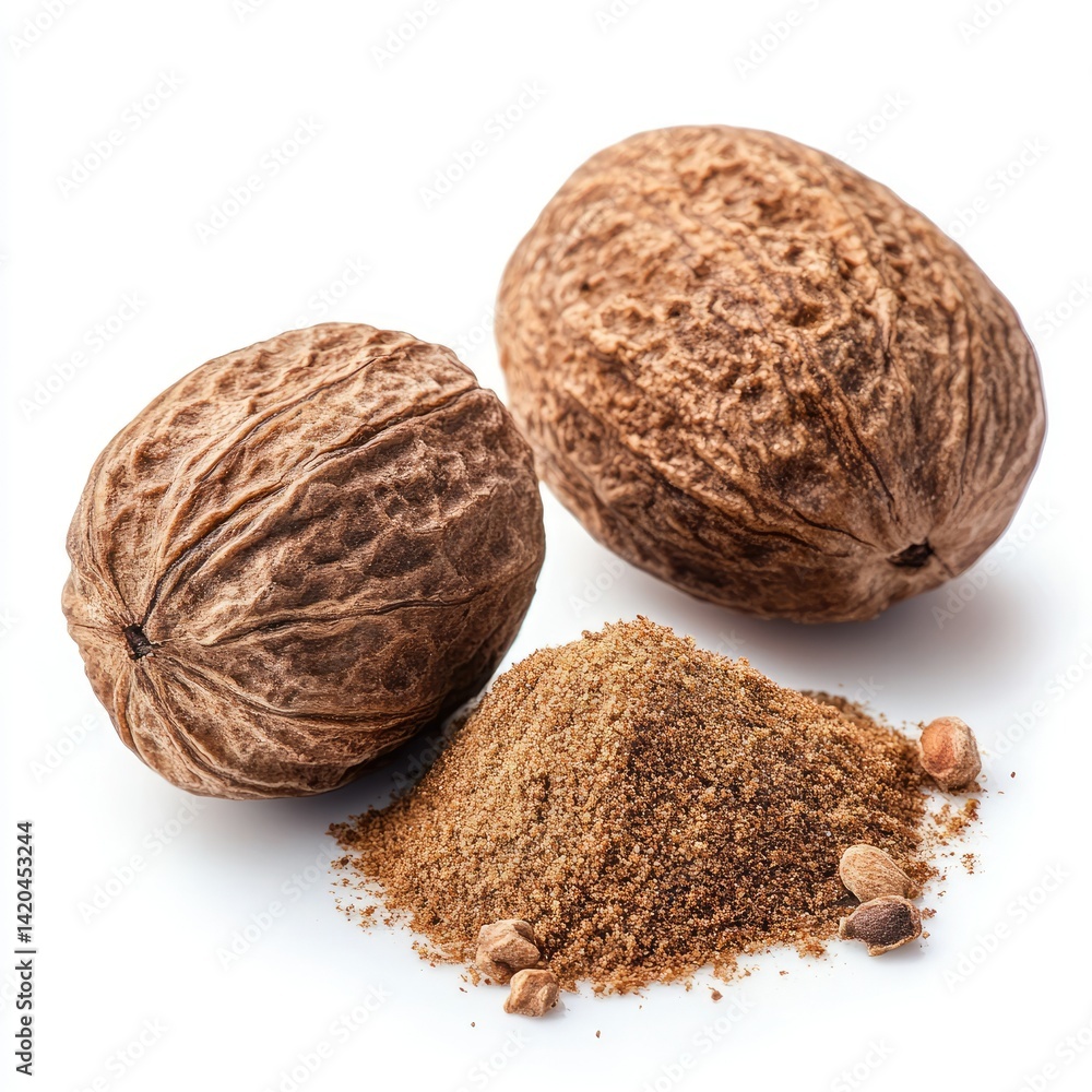 Close up of two nutmegs and a pile of ground nutmeg on a white surface Close up of two nutmegs and a pile of ground nutmeg on a white surface