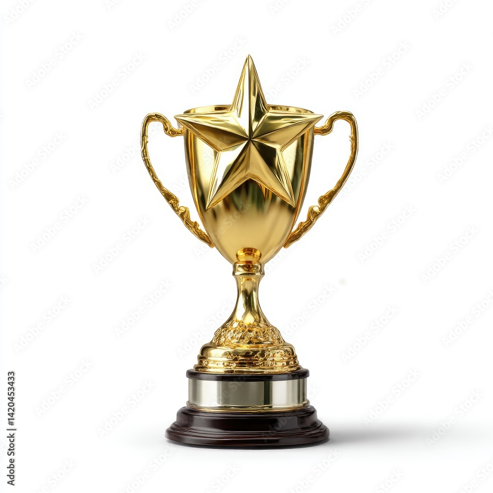 A gleaming golden trophy with a prominent star, symbolizing achievement and success. Isolated on a clean white background A gleaming golden trophy with a prominent star, symbolizing achievement and success. Isolated on a clean white background