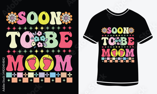 Soon to be moom t shirt t shirt, retro wavy groovy vintage repeat text typographic art with peach background, groovy t shirt design, groovy art. Retro vintage inspirational quote and flowers. 