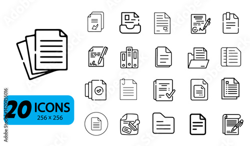 Set of 20 Document and File Icons, Outline Style, 256x256 Pixels