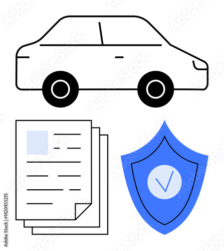 Car silhouette, stack of documents, and blue shield with checkmark symbolizing insurance, legal compliance, and safety. Ideal for automobile, insurance, contracts, legal law safety simple landing